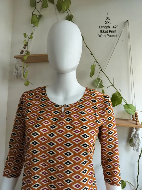 Ikkat Print Cotton Kurti - Brown